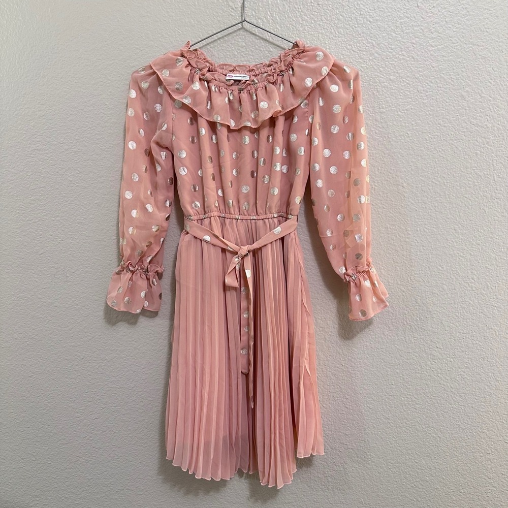 Peppermint Girls Pink Metallic Polka Dot Pleated Ruffle Party Dress Size 8-9Y